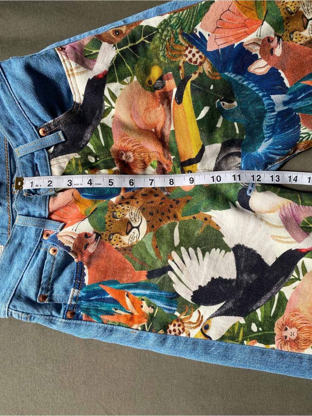 Women’s Two-Tone Denim Jeans with Tropical Print Panel - Blue - Picture 6 of 9